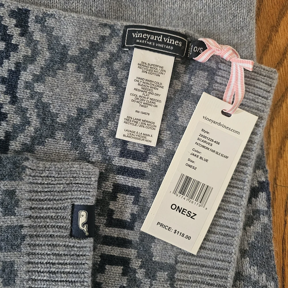 NWT! Vineyard Vines Patchwork Fair Isle Scarf 12 x 72 in OS